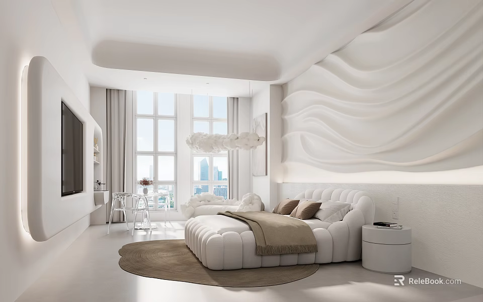 Modern Hotel Room With White Wavy Wall Large Windows Round Rug And Cozy Sofa Bed 3d model 