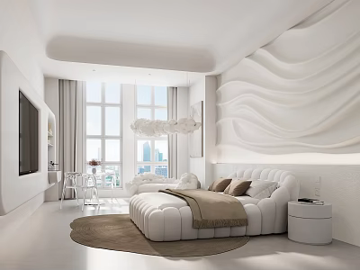 Modern Hotel Room With White Wavy Wall Large Windows Round Rug And Cozy Sofa Bed 3d model