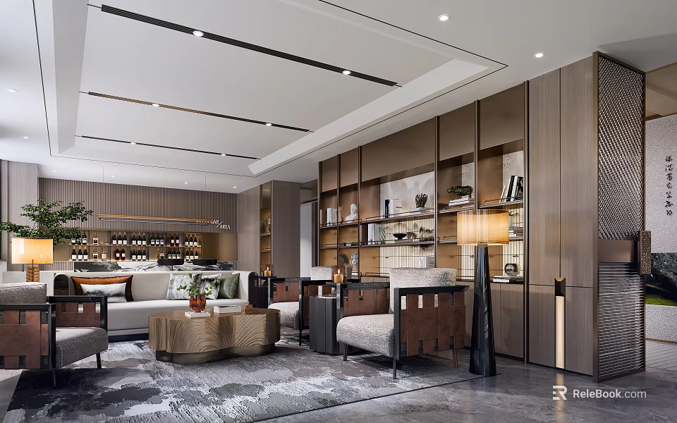 Modern Luxury Hotel Public Lounge Area With Comfortable Seating Bookshelves And Elegant Lighting 3d model 