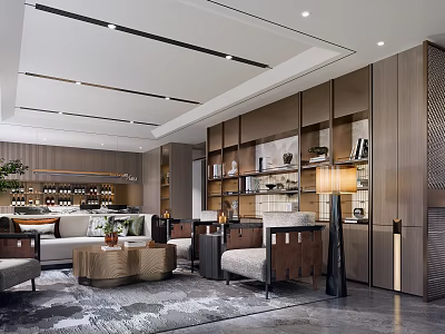 Modern Luxury Hotel Public Lounge Area With Comfortable Seating Bookshelves And Elegant Lighting 3d model