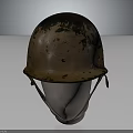 Vintage Brown Helmet with Green Rust Spots and Straps on Mannequin Head