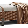 Elegant Modern Sofa Bench With Gray Fabric Brown Blanket Woven Base And Metal Accents