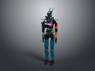 Mechanical Robot Character With Blue Black Armor And Orange Accent Limbs 3d model