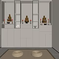 Minimalist White Buddhist Shrine Cabinet With Golden Buddha Statues Storage Shelves And Woven Mats