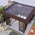 Traditional Chinese Outdoor Pavilion With Carved Wooden Panels Sofa Coffee Table And Green Plants