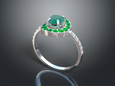 Elegant Emerald Ring With Central Green Gemstone And Diamond Accents On Silver Band 3d model