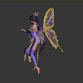 Fantasy Fairy Character With Purple Costume Golden Wings And Outstretched Arms