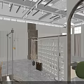 Modern Clothing Store Interior Design With White Walls Wooden Shutters Transparent Racks And Green Chair