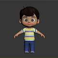 3D Model Boy With Colorful Striped Shirt Blue Pants And Brown Hair On Black Background
