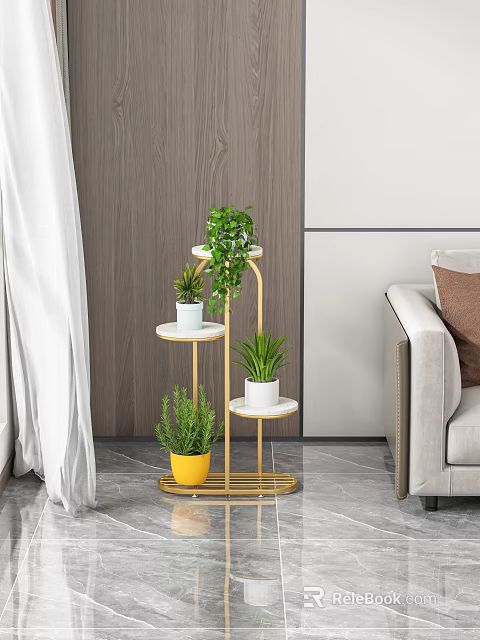 Gold Metal Multi Tier Plant Stand With Green Indoor Plants For Living Room 3d model 