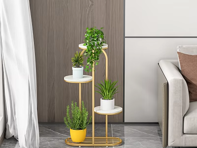 Gold Metal Multi Tier Plant Stand With Green Indoor Plants For Living Room 3d model