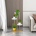 Gold Metal Multi Tier Plant Stand With Green Indoor Plants For Living Room