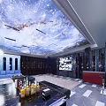 Modern KTV Interior With Starry Sky Ceiling Large Screen Comfortable Sofa Coffee Tables And Microphone 3d model