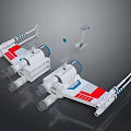 Two White Spaceship Models With Red And Blue Stripes And Small Parts