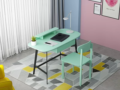 Light Green Desk With Table Lamp Tablet Book And Matching Chair On Geometric Rug 3d model