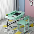 Light Green Desk With Table Lamp Tablet Book And Matching Chair On Geometric Rug