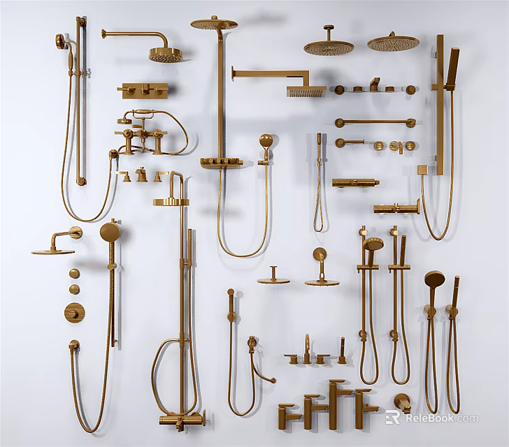 Brass Bathroom Shower Head Collection Featuring Various Handheld And Fixed Styles Components 3d model 