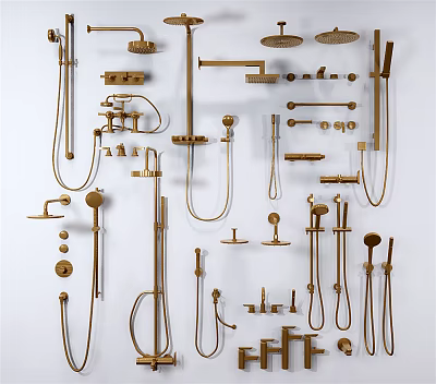 Brass Bathroom Shower Head Collection Featuring Various Handheld And Fixed Styles Components 3d model