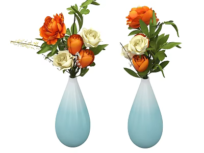 Elegant Blue Gradient Teardrop Vases With Orange White Flowers And Green Leaves 3d model