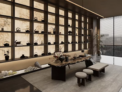 Elegant Traditional Tea House Interior With Wooden Table Tea Sets Stools and Shelves 3d model