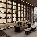 Elegant Traditional Tea House Interior With Wooden Table Tea Sets Stools and Shelves