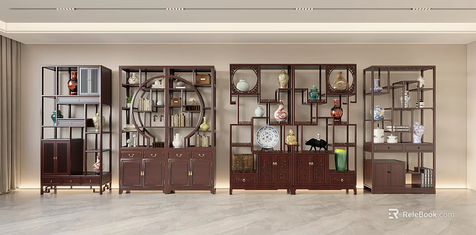 Traditional Chinese Wooden Antique Display Shelves With Porcelain Vases And Ornaments 3d model 