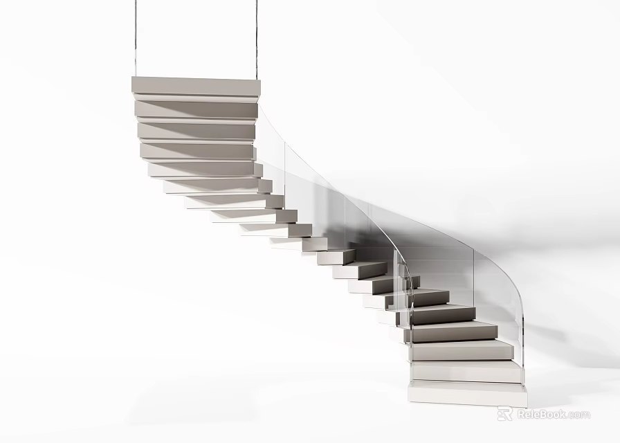 Modern Spiral Staircase Interior Design With Glass Railing And Light Colored Steps 3d model