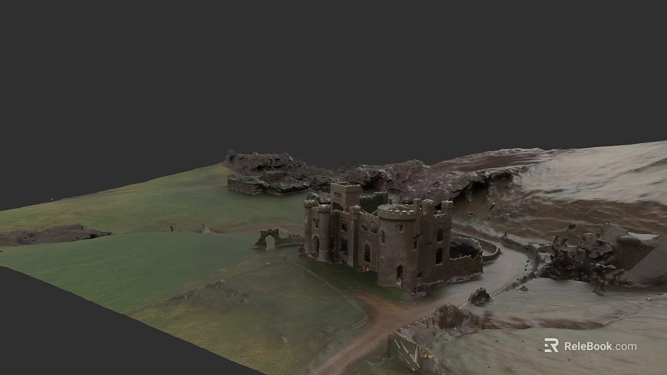 Ancient Stone Detached Villa With Towers And Green Lawn In Rural Landscape 3d model 