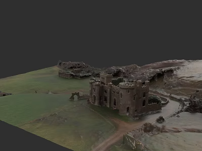 Ancient Stone Detached Villa With Towers And Green Lawn In Rural Landscape 3d model
