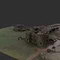 Ancient Stone Detached Villa With Towers And Green Lawn In Rural Landscape