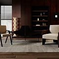 Modern Accent Chairs With Beige Upholstery Wooden Bookshelf And Coffee Table In Contemporary Interior