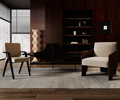 Modern Accent Chairs With Beige Upholstery Wooden Bookshelf And Coffee Table In Contemporary Interior 3d model