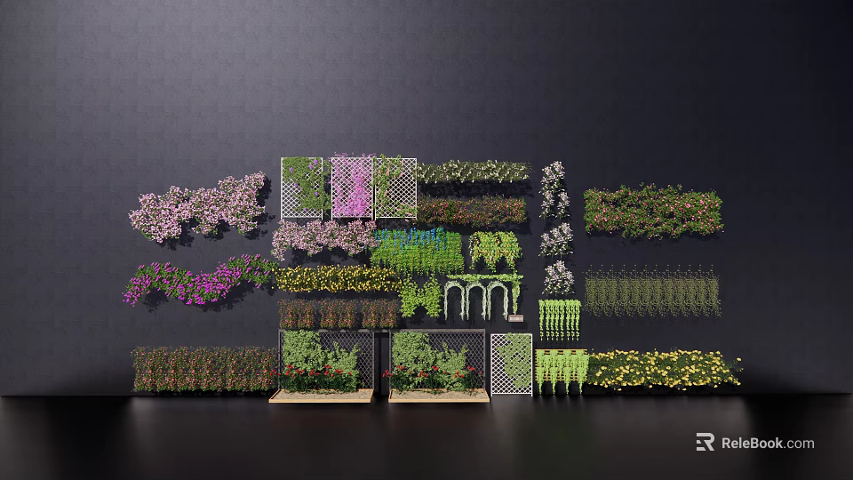 Collection of Decorative Vines with Various Green Purple and Yellow Wall Designs 3d model 