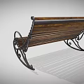 Outdoor Bench with Brown Wooden Slats and Black Curved Metal Scroll Legs