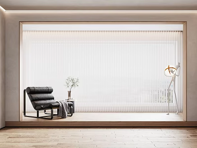 White Vertical Blinds in Modern Living Room with Black Chair Potted Plant and Wooden Floor 3d model
