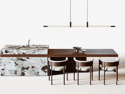 Modern Dark Wooden Dining Table Set With Three Light Cushioned Chairs And Long Pendant Light 3d model