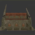 Church Style Stone Building Model With Red Roof Spires Arched Windows And Red Door