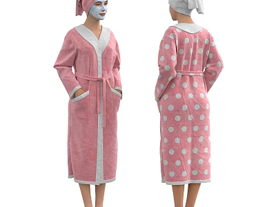 Women Wearing Pink Robes With Gray Trim And White Polka Dots With Towels On Head 3d model