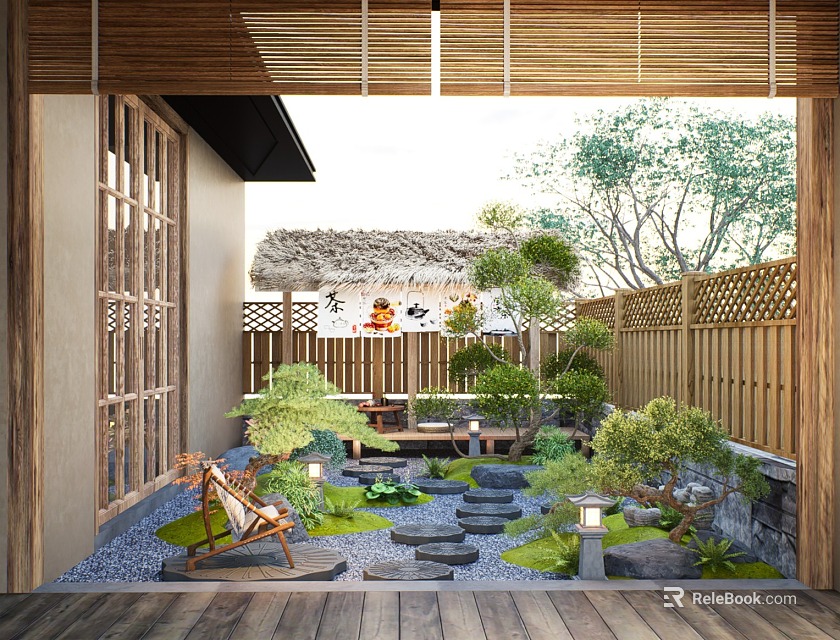 Tranquil Japanese Garden Courtyard Featuring Thatched Roof Hut Bamboo Fence Stone Path And Lanterns 3d model 