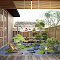 Tranquil Japanese Garden Courtyard Featuring Thatched Roof Hut Bamboo Fence Stone Path And Lanterns