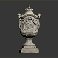 Ornate Carved Stone Vase With Detailed Relief Decorations And Sturdy Square Base