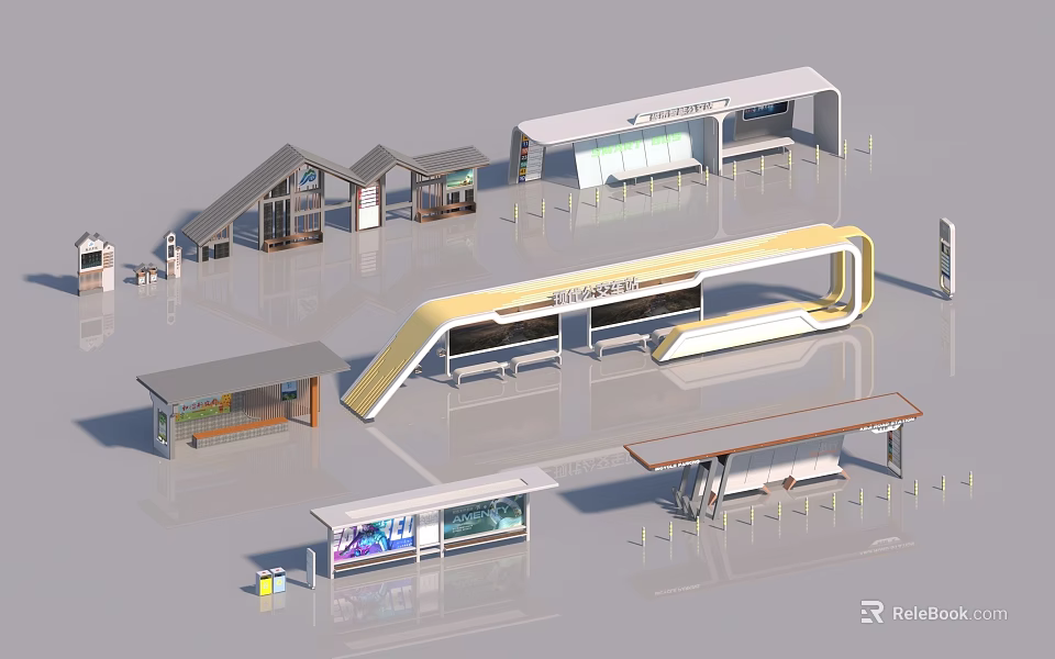 Modern Bus Station Designs With Various Shelters And Platform Structures 3d model 