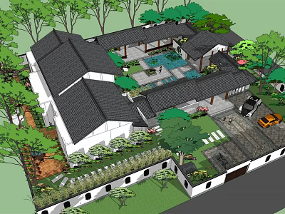 Ancient Chinese Architecture Courtyard With Black Tiled Roof Water Feature Greenery And Parking Area 3d model