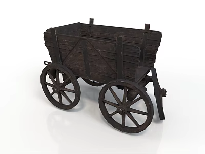 Ancient Wooden Cart with Large Spoked Wheels and Open Cargo Structure 3d model