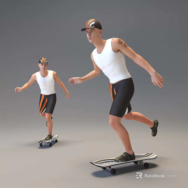 Men Riding Skateboards Wearing White Tank Tops Black Shorts And Caps 3d model 