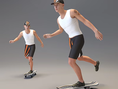 Men Riding Skateboards Wearing White Tank Tops Black Shorts And Caps 3d model