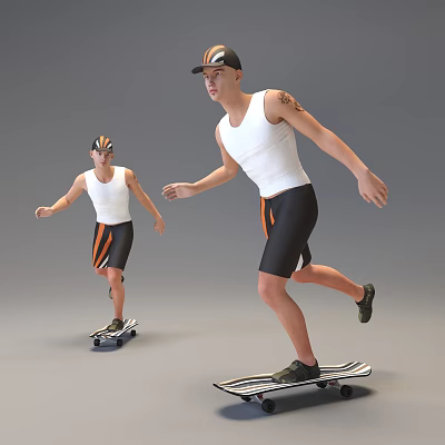 Men Riding Skateboards Wearing White Tank Tops Black Shorts And Caps 3d model Men Riding Skateboards Wearing White Tank Tops Black Shorts And Caps 3d model