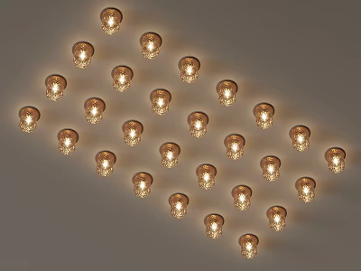 Lit Chandeliers Arranged in Curved Pattern With Warm Yellow Light on Light Colored Ceiling 3d model