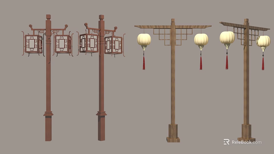 Traditional Chinese Outdoor Furniture Wooden Lamp Posts With Hanging Lanterns And Red Tassels 3d model 