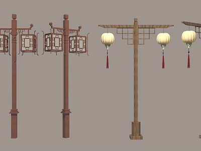Traditional Chinese Outdoor Furniture Wooden Lamp Posts With Hanging Lanterns And Red Tassels 3d model